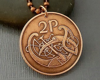 Irish Coin Necklace: Celtic Bird & Harp Pendant, Choose Year