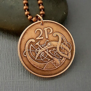 Irish Coin Necklace: Celtic Bird & Harp Pendant, Choose Year