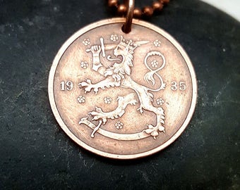 Finland Lion Coin Necklace: Antique Finnish Pendant, Mens Jewelry
