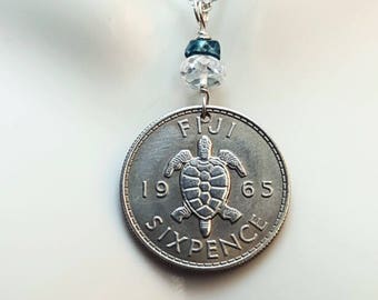 Coin jewelry - vintage sea TURTLE COIN NECKLACE from Fiji - sea turtle - turtle necklace - Topaz necklace - Turtle jewelry