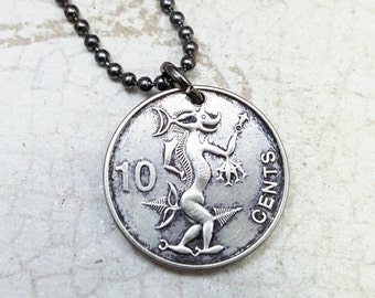 Sea Creature coin necklace - Solomon Islands 10 cent coin - Sea Spirit pendant - Adaro merman creature - Sailor tales - Hieronymus Bosch