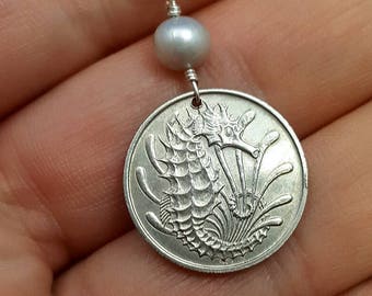 SEAHORSE NECKLACE. Freshwater pearl necklace. Hippocampus. Marine jewelry. Coin jewelry. Sea horse necklace. Coin pendant. Singapore