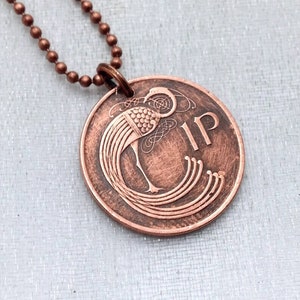 Irish Coin Necklace: Celtic Bird & Harp, Copper Jewelry, Personalized Year