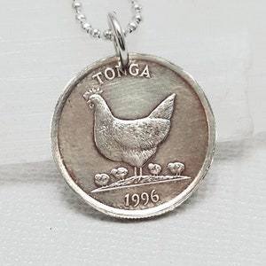 Tonga Coin Necklace: Hen and Chicks Pendant, Stainless Steel Chain