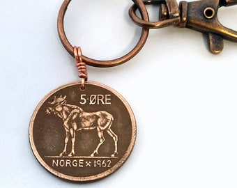 Vintage Norway Moose Coin Keychain - Norwegian Elk Keyring