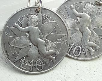 Cherub earrings. Coin Earrings. Cherub on Poinsettia earrings. 2000 San Marino coin. Cherub jewelry. Angel earrings. Christmas jewelry.