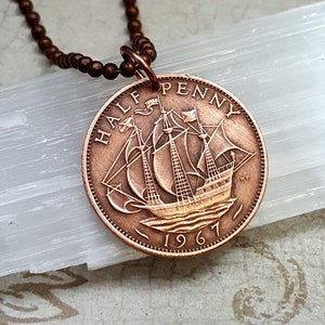 Ship Necklace. Vintage GREAT BRITAIN copper coin pendant. Coin necklace. Golden Hind ship. full sail. Copper penny antique Ship coin jewelry