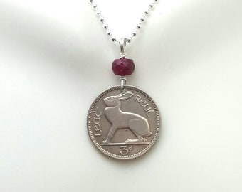 1964 Rabbit Coin necklace. 60th birthday. Vintage Ireland hare coin. birthday necklace.  rabbit jewelry. birthstone necklace.