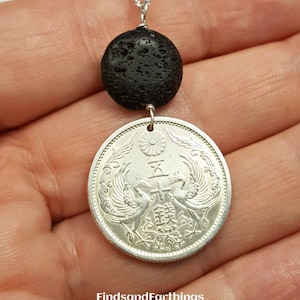 Phoenix Necklace. Antique SILVER Japan phoenix coin necklace. lava stone necklace. silver coin. Coin jewelry. Phoenix jewelry