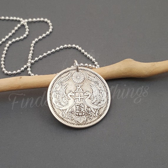 Antique Japanese Silver Coin Necklace: Double Phoenix