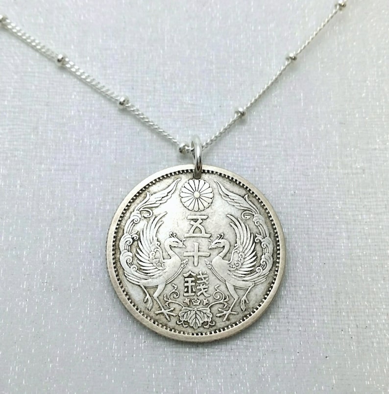 Silver coin necklace. Antique Japanese silver coin. Phoenix necklace. Chrysanthemum flower necklace. Japan jewelry. Phoenix jewelry. Rebirth 22" satellite chain