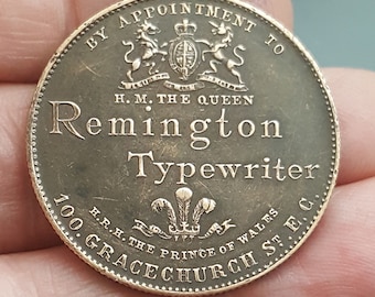Antique 1896 Remington typewriter advertising token. Victorian advertising token. Queen Victoria diamond jubilee. Collector coin.
