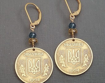 Ukraine coin earrings. 25 kopek 1994. Blue Topaz, Yellow topaz. Ukrainian. Cyrillic. National arms. 1.75" lever back or earwires.