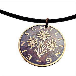EDELWEISS necklace. 1980s 1990s Edelweiss coin necklace - Austria necklace. Flower Necklace. Coin Jewelry. Edelweiss flower pendant