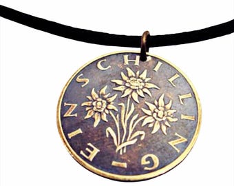 Edelweiss Flower Coin Necklace: Austrian 1 Schilling Jewelry