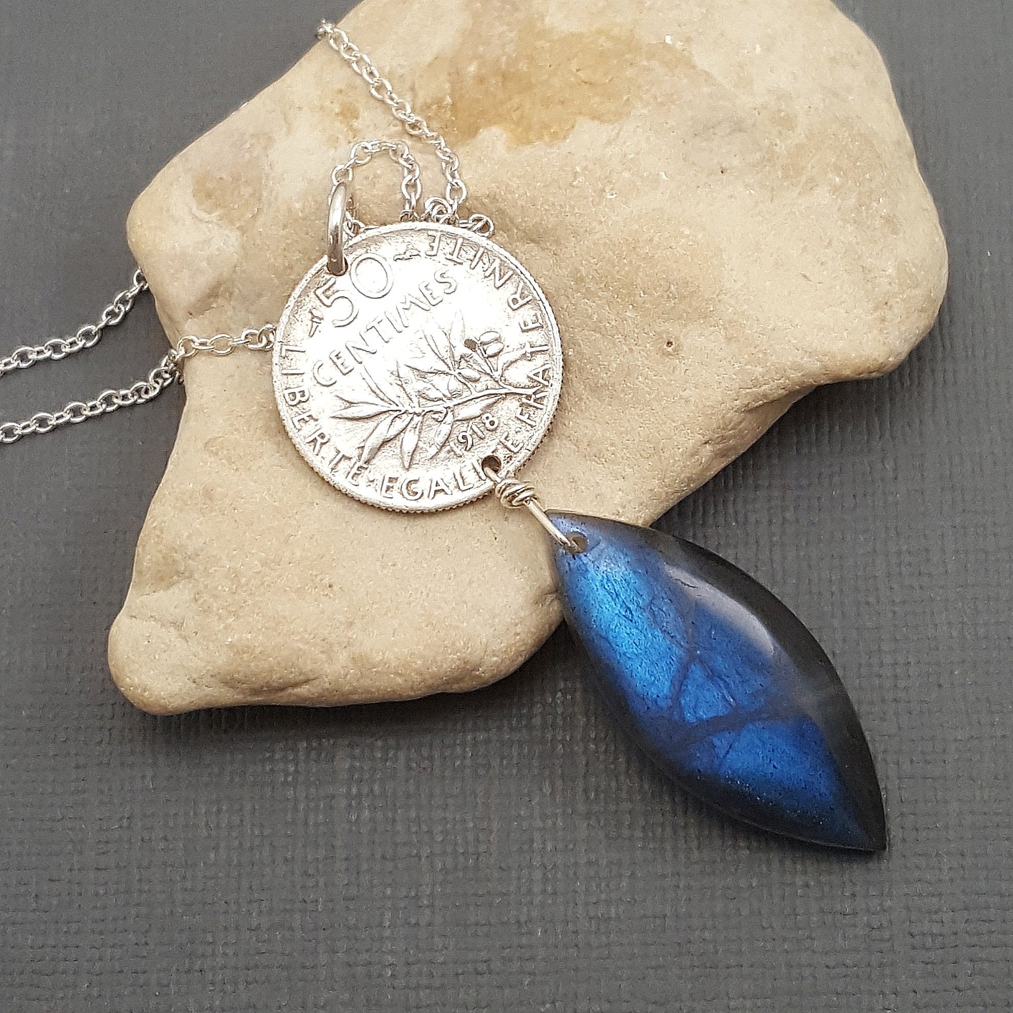 1918 French Silver Coin Necklace: Labradorite Gemstone Pendant