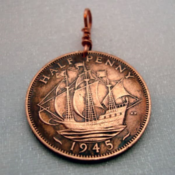 Ship Necklace. GREAT BRITAIN copper coin pendant. Coin necklace. Golden Hind ship. full sail. Copper penn. antique Ship coin jewelry