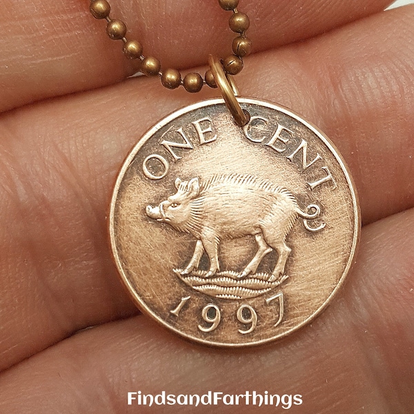 Little PIG COIN necklace. piglet charm. Year of the Pig. Bermuda coin. pig charm. pig pendant. copper charm. pig jewelry