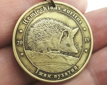 Hedgehog keychain. Coin Necklace. Hedgehog necklace. Ukraine commemorative coin. Long eared Hedgehog pendant.