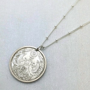 Silver coin necklace. Antique Japanese silver coin. Phoenix necklace. Chrysanthemum flower necklace. Japan jewelry. Phoenix jewelry. Rebirth image 3