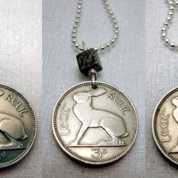 Irish Jewelry - Coin Jewelry - IRELAND RABBIT necklace - Irish hare - harp - celtic - Year of the Rabbit - rabbit necklace - bunny - lapin