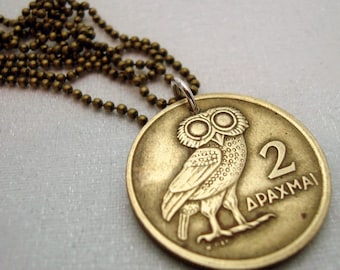 Athena Owl Coin Necklace: 1973 Greek Coin Jewelry