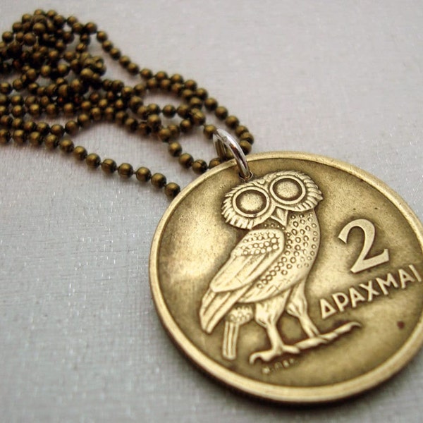 Athena Owl necklace. Coin Jewelry. Greek Owl of Athena coin. Coin necklace.  1973 Greece. phoenix rising. owl necklace. phoenix necklace.