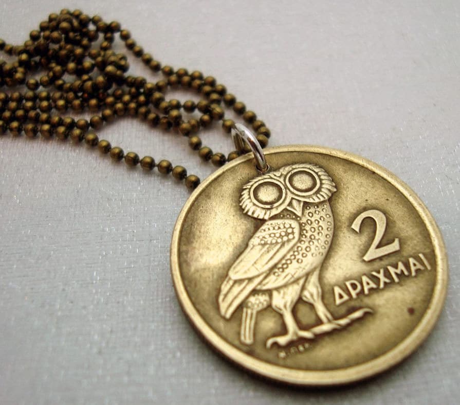 Athena Owl Coin Necklace: 1973 Greek Coin Jewelry