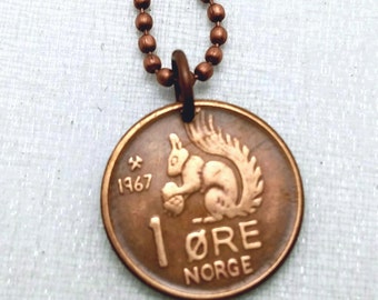 Coin Jewelry. Vintage 1961 1962 1964 1970 SQUIRREL COIN from Norway. coin necklace. squirrel necklace. squirrel jewelry. acorn. coin pendant