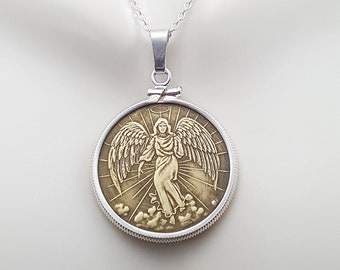 Angel coin necklace. Guardian angel necklace. Angel token. Celestial necklace. Sterling silver coin bezel. Gifts for her