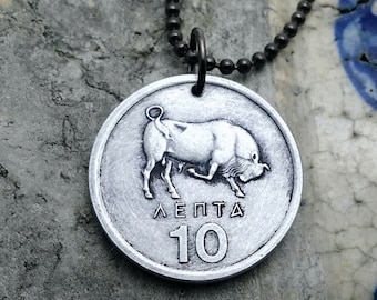 Bull Necklace. Taurus necklace. charging bull. fertility. Greek jewelry. coin necklace. bull market. Greece 10 aenta coin. mens necklace