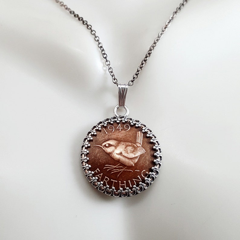 WREN necklace. Vintage copper coin, 1937-1953. Sterling silver bezel. Wren jewelry. bird necklace. bird jewelry. Heirloom jewelry. Sparrow image 2