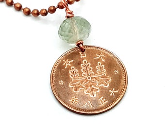 Coin Jewelry. Antique Japanese flower coin necklace. Green amethyst necklace. 5 sen copper. Japanese coin.