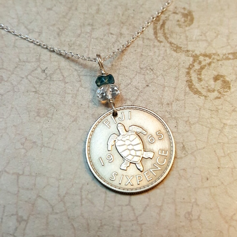 vintage sea TURTLE COIN NECKLACE from Fiji Turtle jewelry turtle necklace sea turtle Coin jewelry Topaz necklace
