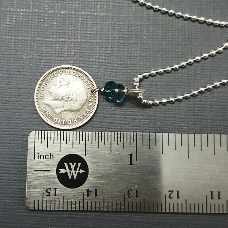 Antique Silver COIN NECKLACE. Lucky Three Pence. Blue Topaz Etsy