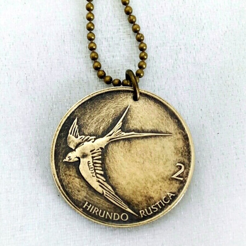 May include: A bronze necklace with a round pendant featuring a stylized image of a swallow in flight. The pendant is inscribed with the words "Hirundo Rustica" and the number "2".