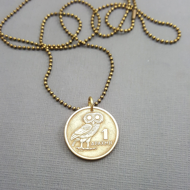 Greek 1973 owl coin necklace