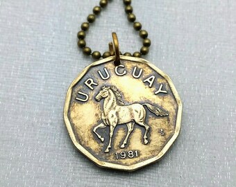 Horse coin necklace. vintage 1981 Uruguay 10 centesimos coin. horse prancing. equestrian necklace. horse jewelry - wild horse - coin jewelry