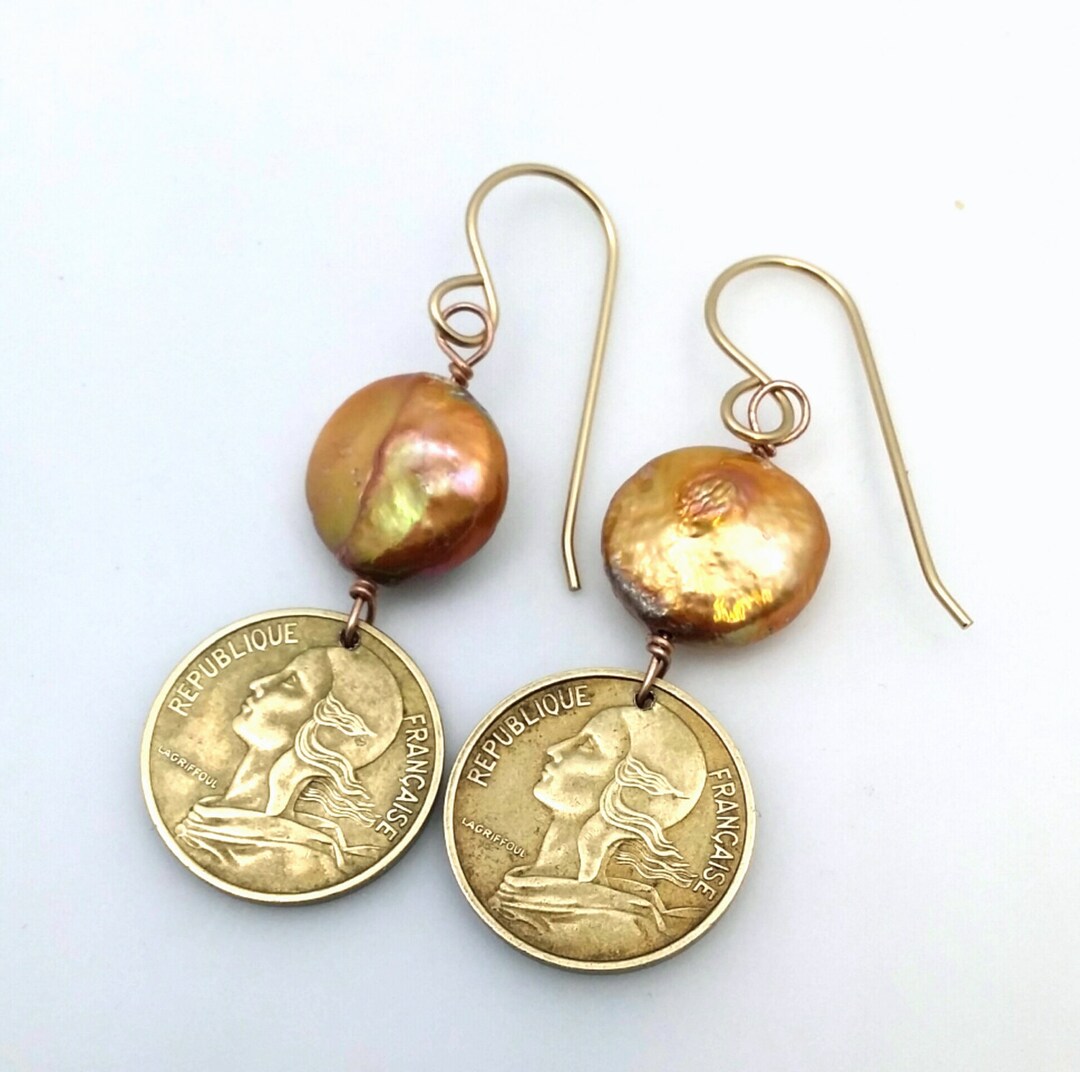 France Coin Earrings. Coin Pearl Earrings. French Coin - Etsy