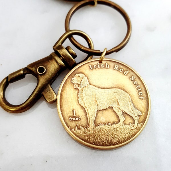Dog keychain. Cocker Spaniel, Akita, Irish Red Setter. Fantasy coins Saint Barthelemy. Dog necklace. Dog lover. Mens gift. Spaniel keychain