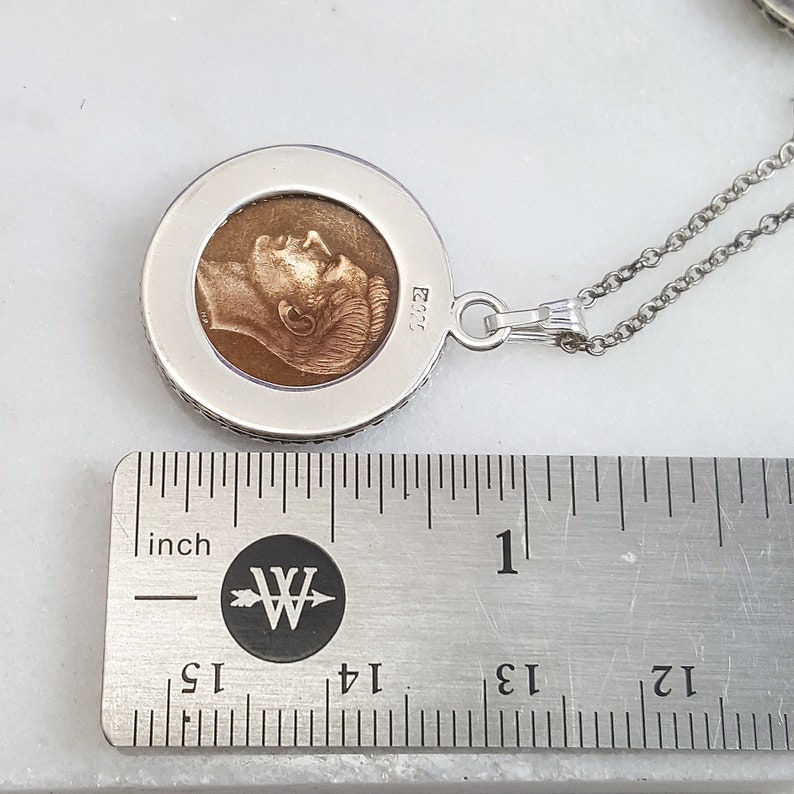 WREN necklace. Vintage copper coin, 1937-1953. Sterling silver bezel. Wren jewelry. bird necklace. bird jewelry. Heirloom jewelry. Sparrow image 4