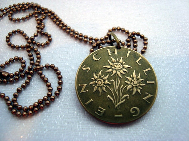 EDELWEISS coin necklace 1960s 1970s flower necklace. Austria necklace Edelweiss flower. edelweiss necklace. flower jewelry image 2