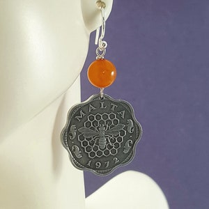 Bee Earrings. Bee Coin earrings. insect earrings. coin jewelry. Malta. honeybee earrings. Coin dangles. Beehive jewelry