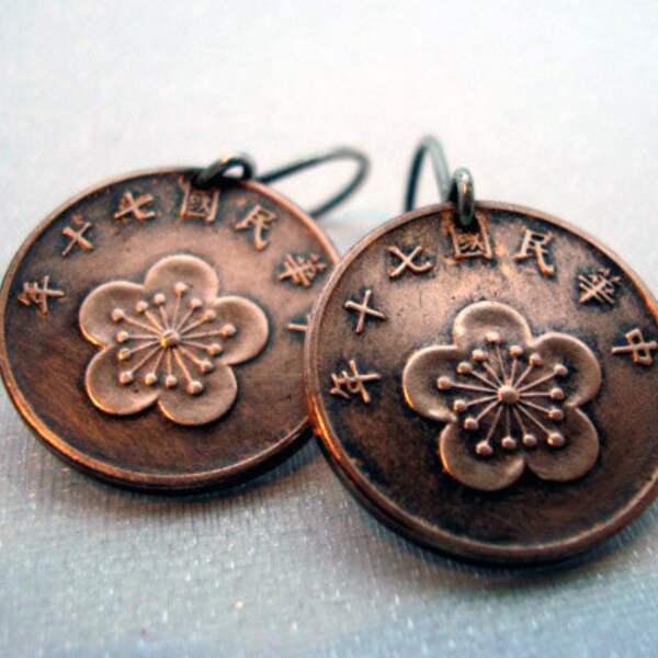 Coin Jewelry. Vintage COIN earrings. Plum blossom earrings. Taiwan. copper patina. sterling silver earwires. Copper coin earrings