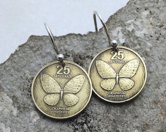 Butterfly Earrings. Phillipines coin earrings. butterflies. butterfly jewelry. Graphium idaeoides. Juan Luna. sterling silver earwires