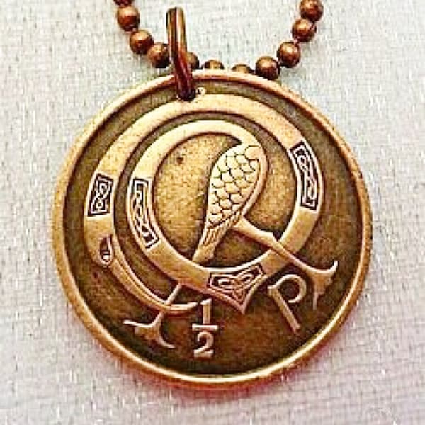 Irish Necklace - Ireland COIN NECKLACE - celtic bird design - Irish harp - book of kells - Dublin - Eire - Belfast - Irish harp