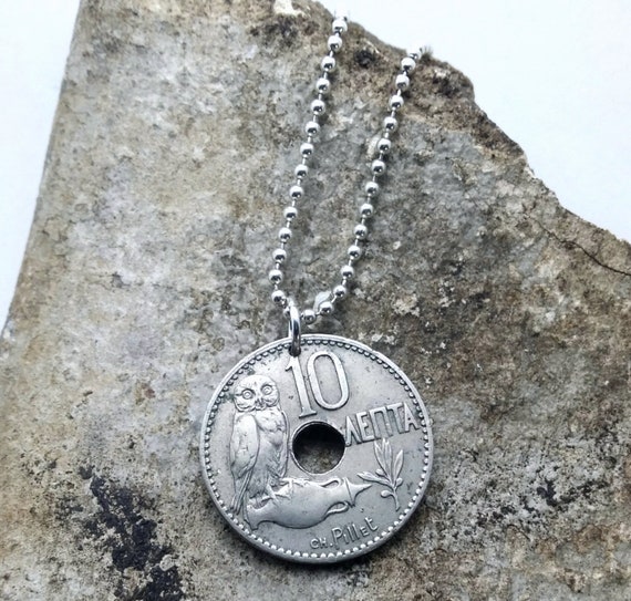 Antique 1912 OWL of Athena COIN NECKLACE - Greek - Owl on Amphora - Goddess Athena pendant