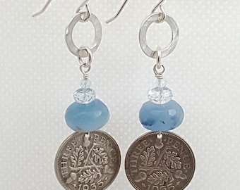 Antique 1936 silver three pence earrings. Aquamarine earrings. March birthstone. oak leaves acorns. English Scottish Irish. Gifts for her