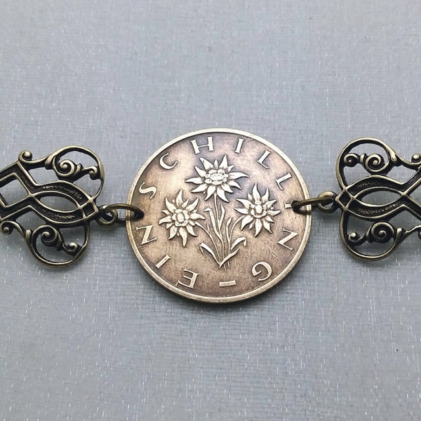 EDELWEISS coin bracelet - Austrian bracelet - Edelweiss flower bracelet - Republik Osterreich - coin jewelry - flower coin bracelet