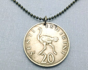 Ostrich Necklace, Tanzania OSTRICH coin necklace - bird necklace - bird jewelry - 20 senti - African necklace